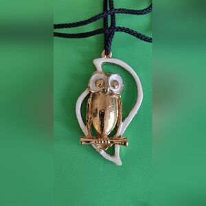 Goldtone and White Owl Necklace